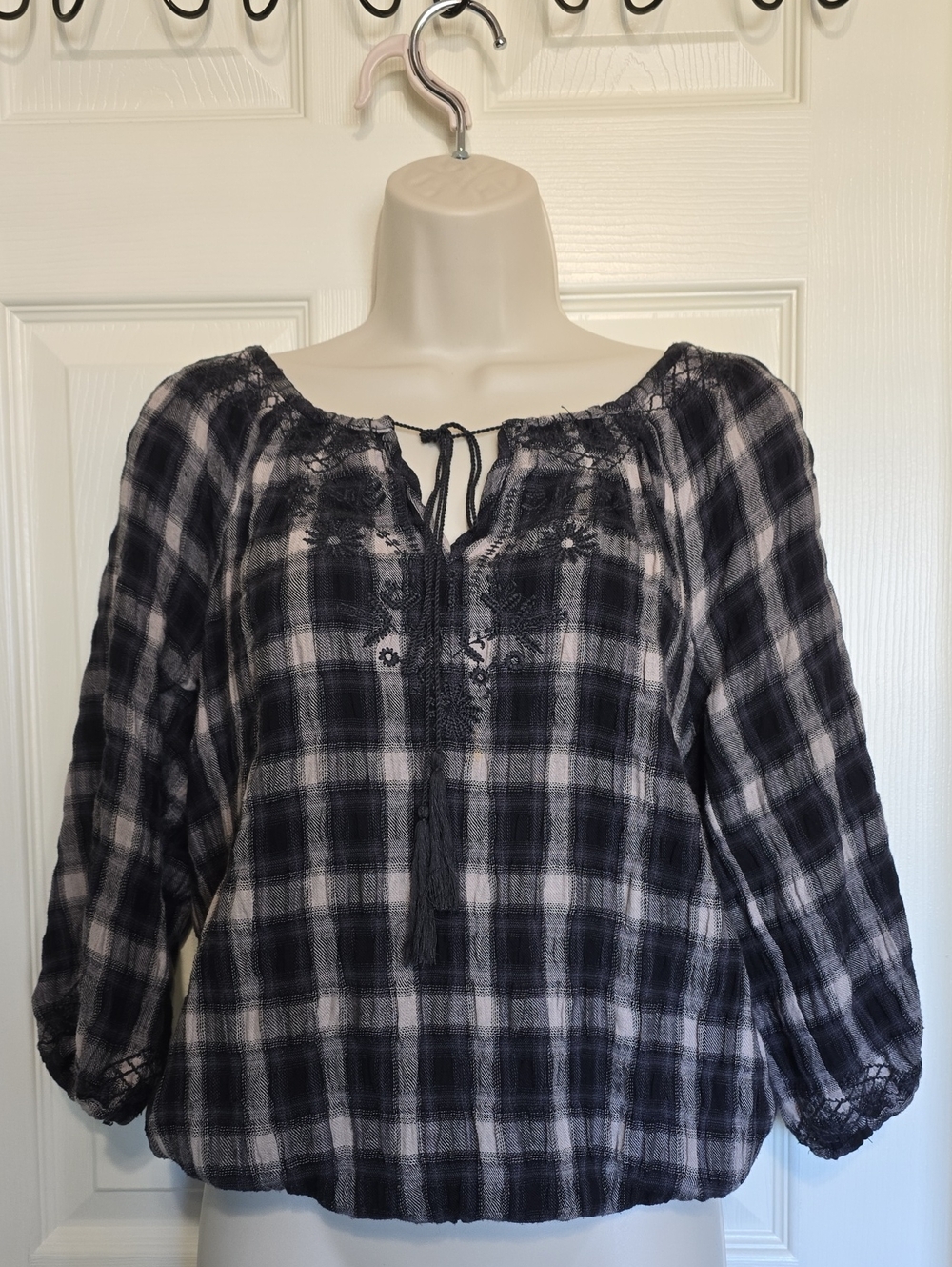 Nina Black and White Plaid Peasant Top with Embroidered Yoke